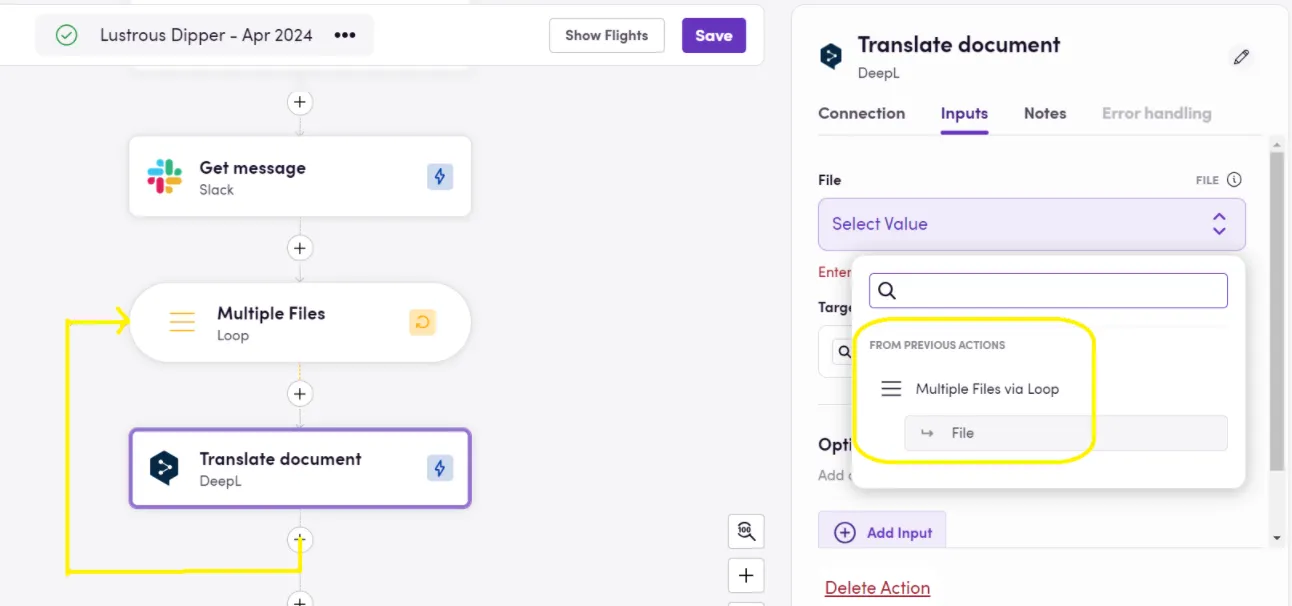 New DeepL input and highlighted flow line